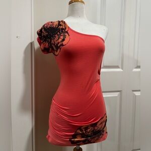 Vintage Arden B One-Shoulder Coral Dress with Floral Accents
